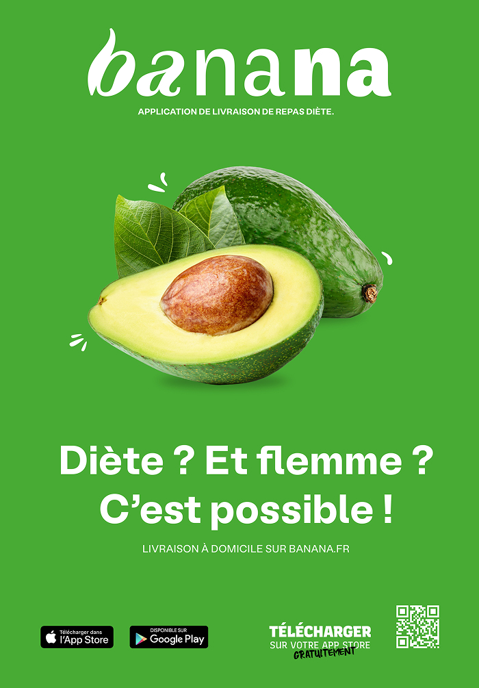 Affiche publicitaire minimaliste Banana, fond vert avec visuel d'avocat. Direction artistique pour campagne de livraison de repas sains à domicile.