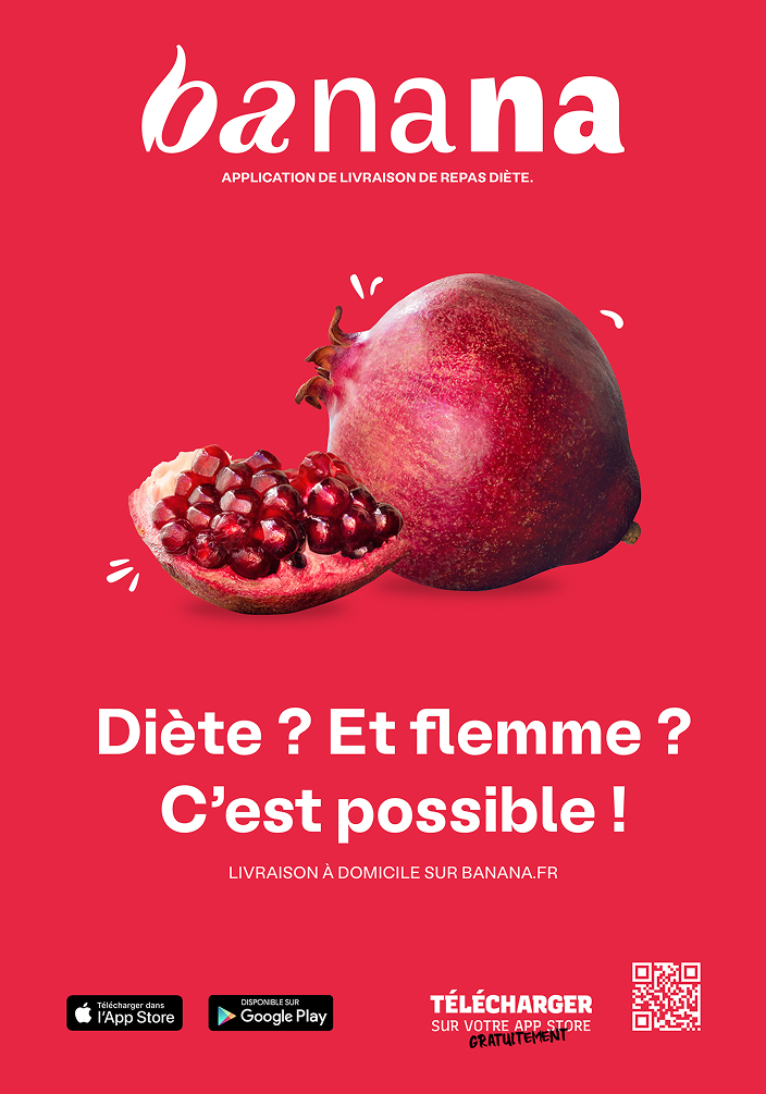 Design graphique d'affiche Banana, fond rouge vibrant avec grenade. Concept créatif "Diète ? Et flemme ? C'est possible !" pour application fitness.