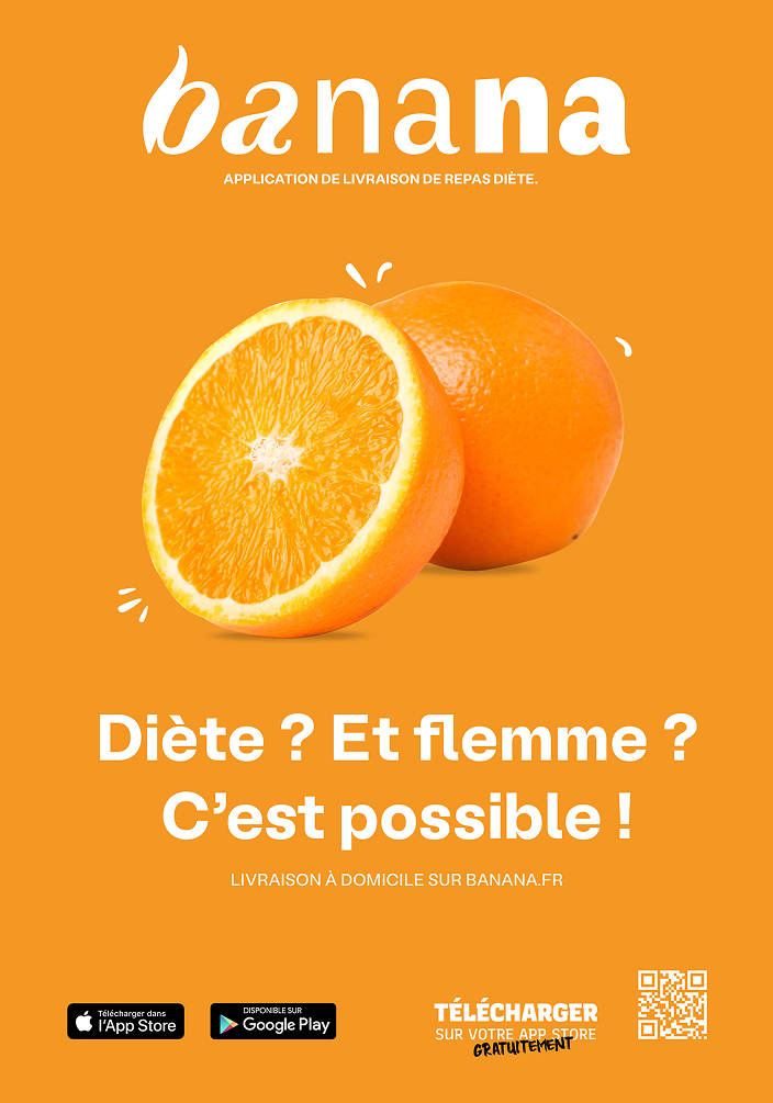 Campagne d'affichage Banana Nutrition, fond orange avec agrume frais. Mise en avant de l'identité visuelle et du service de livraison de diète simplifiée.