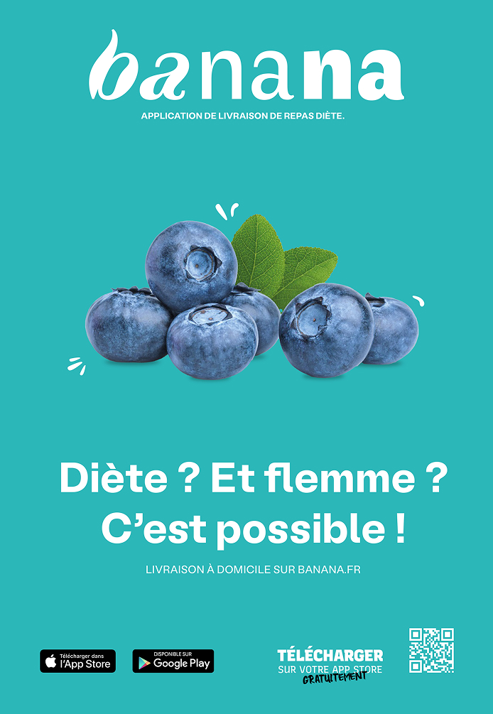 Affiche de communication visuelle pour Banana, fond bleu canard avec myrtilles. Portfolio design graphique pour marque de nutrition et bien-être.