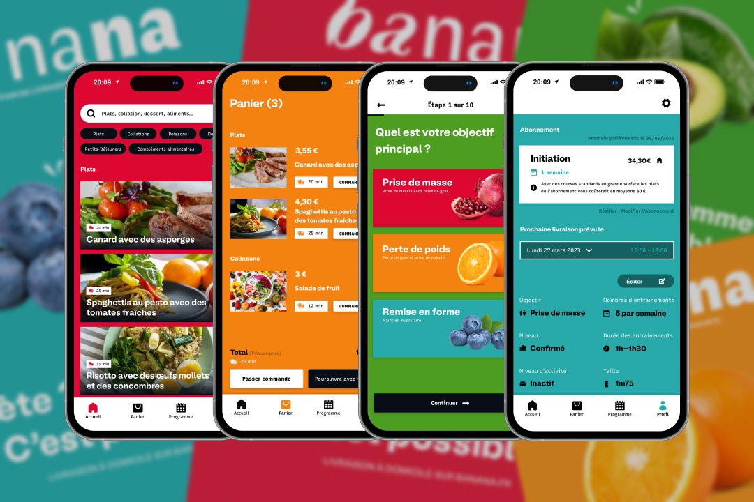 Interface utilisateur (UI) de l'application mobile Banana, spécialisée dans la livraison de repas diététiques. Mockup iPhone coloré avec plats sains et calendrier. Design UI/UX.
