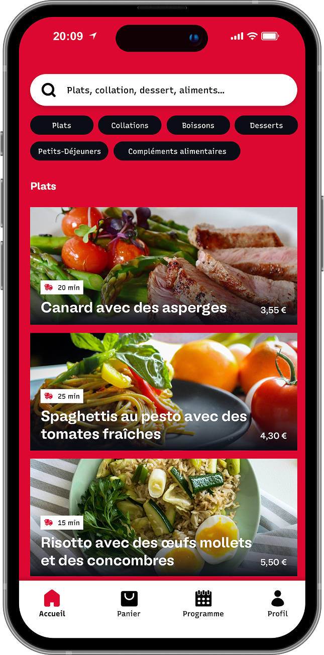 Page d'accueil de l'application Banana présentant un catalogue de plats diététiques comme du canard aux asperges ou du risotto aux œufs mollets.