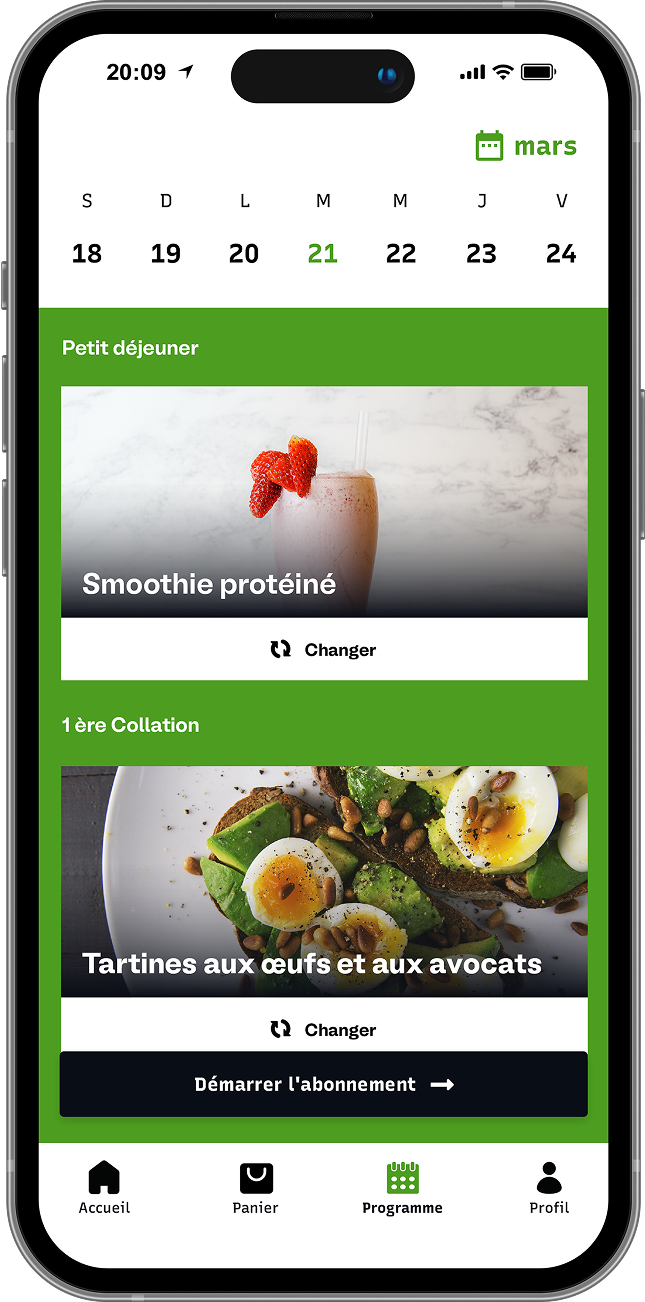 Interface de planification nutritionnelle de l'application Banana. On y voit un calendrier hebdomadaire pour le mois de mars et une sélection de repas pour la journée, incluant un "Smoothie protéiné" et des "Tartines aux œufs et aux avocats" avec des options pour changer les plats et un bouton d'appel à l'action "Démarrer l'abonnement".