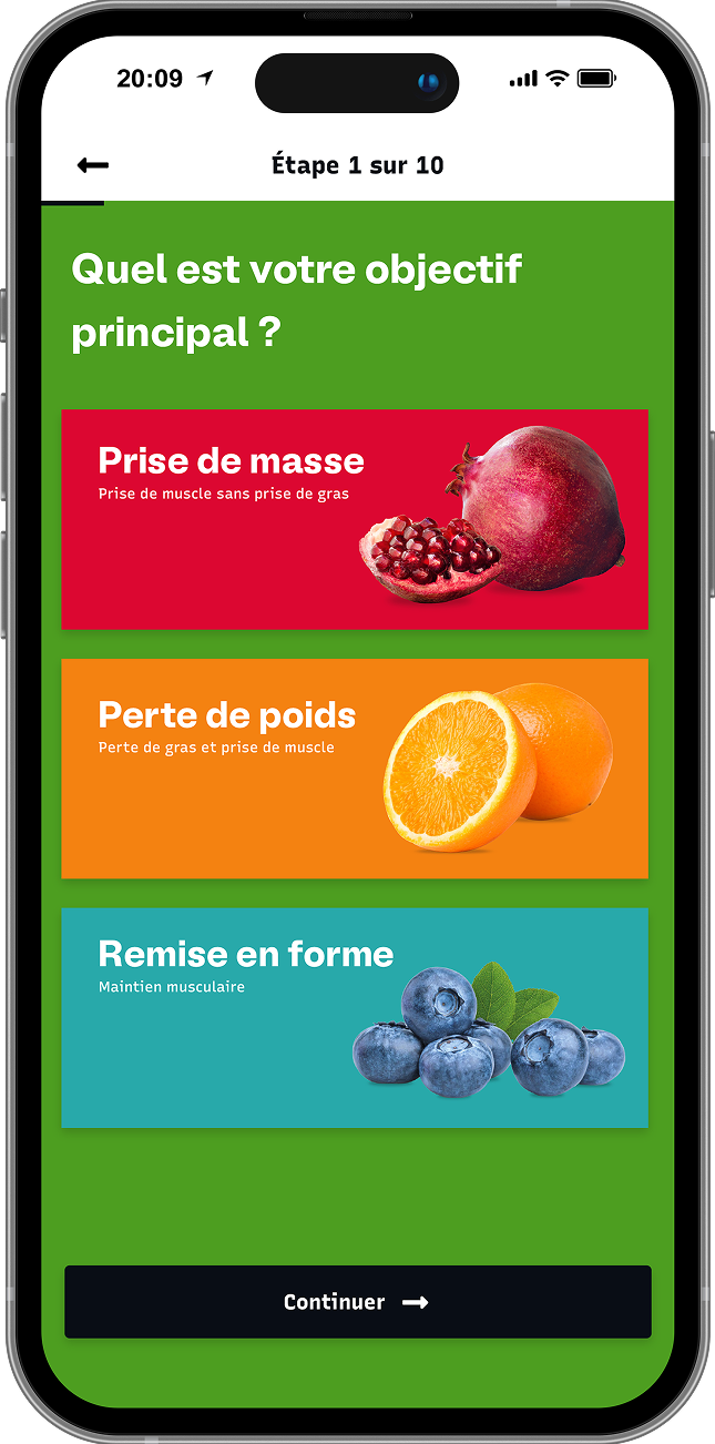 Interface de sélection de l'objectif principal : Prise de masse, Perte de poids ou Remise en forme, illustrée par des fruits colorés.