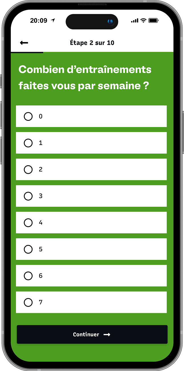 Étape du diagnostic demandant le nombre d'entraînements par semaine avec une liste de choix de 0 à 7 sur fond vert.