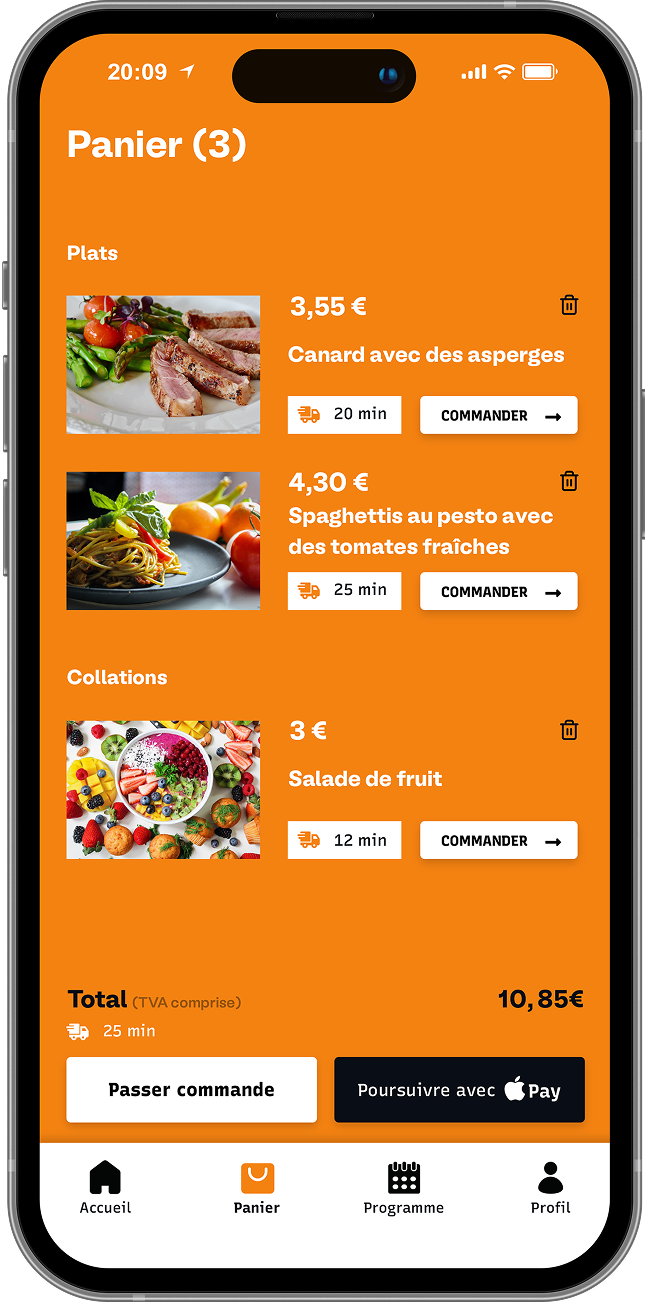 Récapitulatif du panier de commande affichant la sélection de plats, les prix individuels, le total de 10,85€ et l'option de paiement Apple Pay.