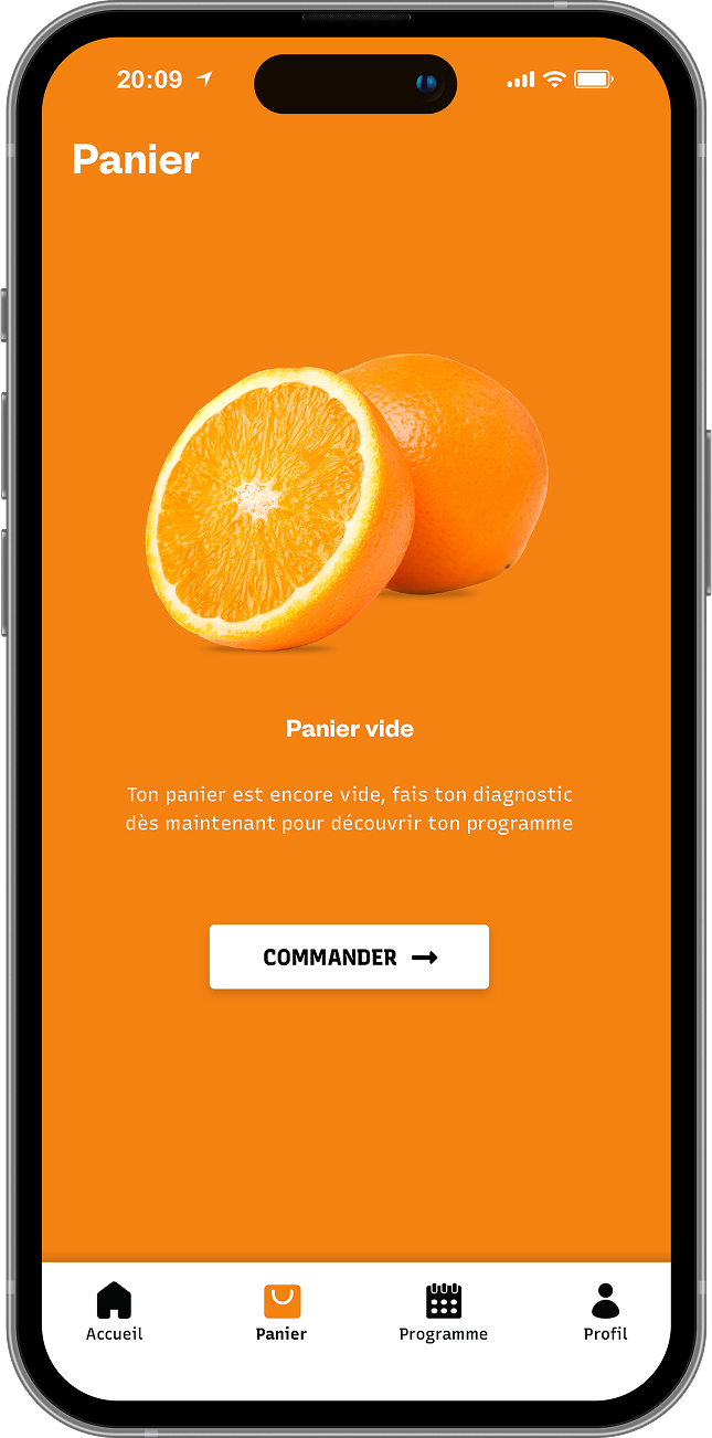 Vue du panier vide sur l'application Banana illustrée par une orange sur fond orange avec une incitation à démarrer le diagnostic.