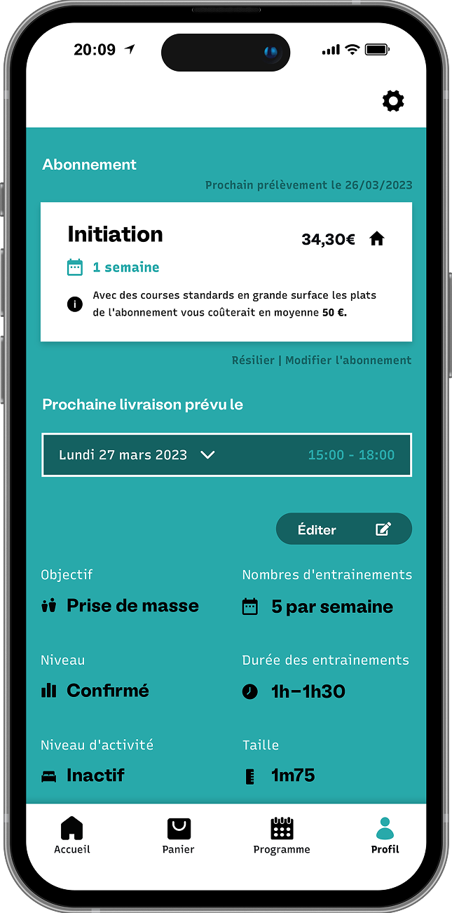 Tableau de bord du profil utilisateur détaillant l'abonnement en cours, l'objectif de prise de masse, le niveau d'activité et la prochaine livraison prévue.