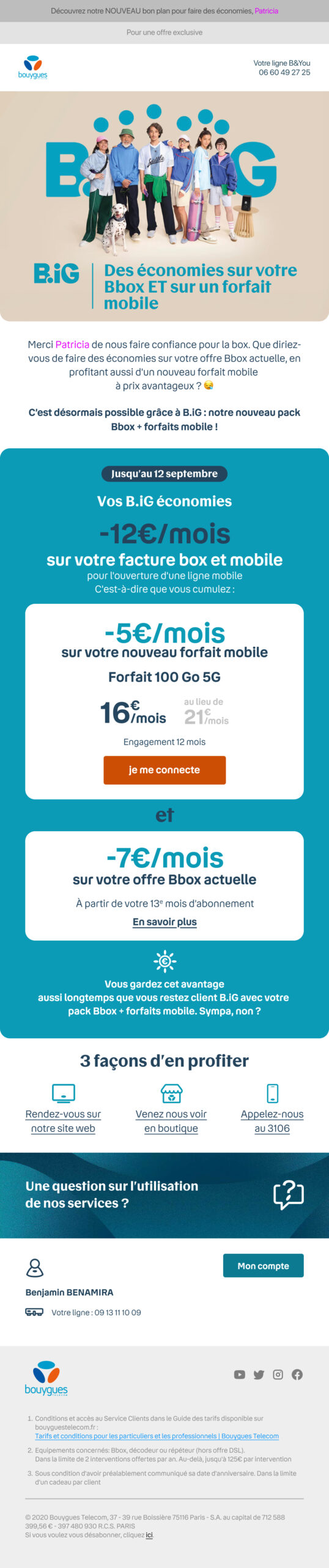 Conception d'un email marketing (CRM) pour Bouygues Telecom présentant l'offre groupée B.iG (Bbox + Mobile), design structuré avec focus sur les économies clients.