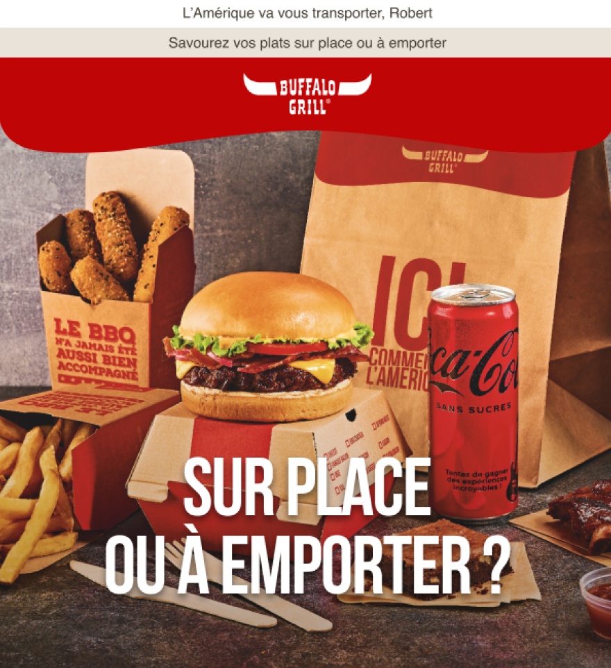 Bannière promotionnelle Buffalo Grill pour services sur place ou à emporter, mise en avant du packaging de marque et des produits phares.