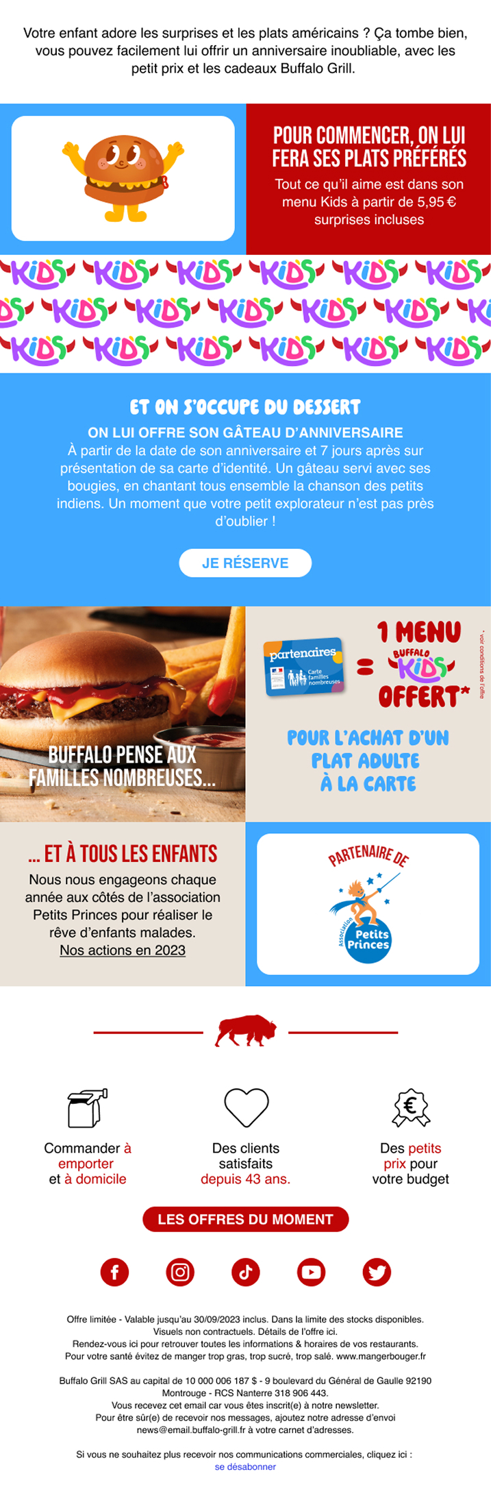 Conception d'emailing segmenté "Kids" pour Buffalo Grill (desktop). Utilisation d'une mascotte burger, de couleurs vives et présentation des partenariats (Carte Familles Nombreuses, Association Petits Princes).