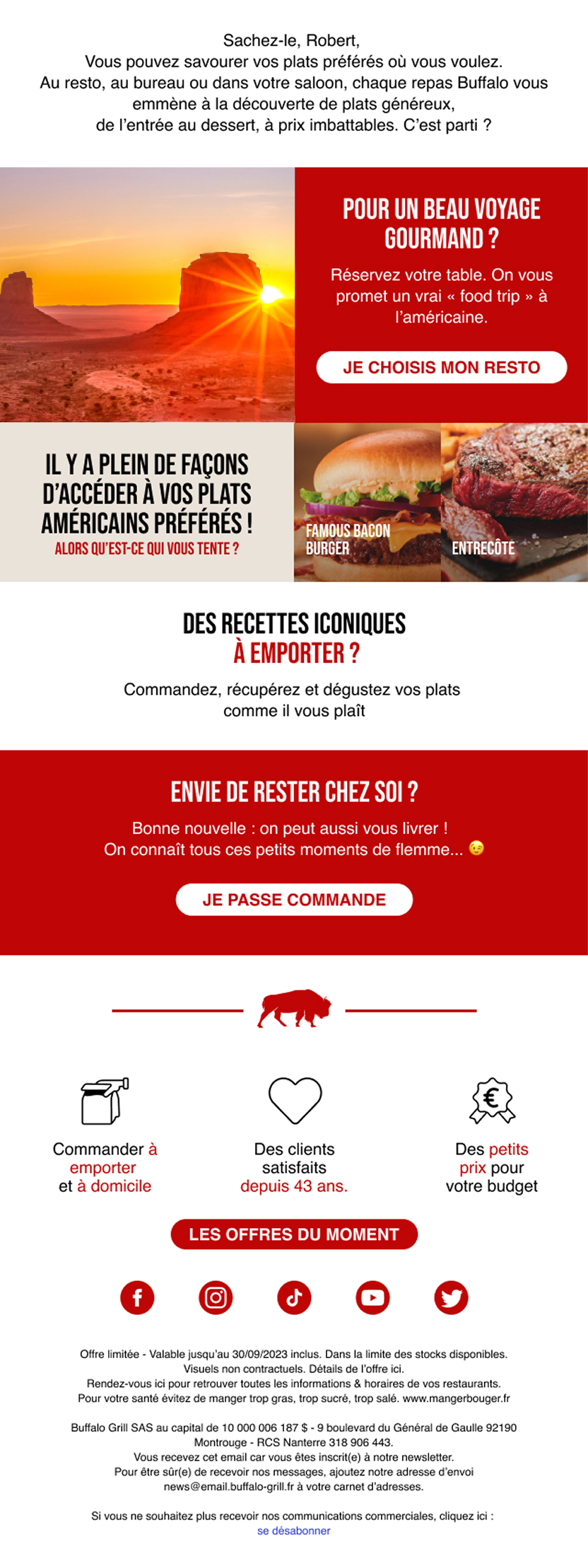 Design d'emailing promotionnel Buffalo Grill (version desktop). Thématique "Food Trip" avec visuel de Monument Valley, mise en avant de la vente à emporter et de la livraison à domicile.