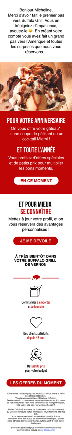 Déclinaison mobile de l'email de bienvenue Buffalo Grill. Travail sur le Responsive Design pour garantir l'impact visuel du header gourmand et des boutons d'action sur petits écrans.