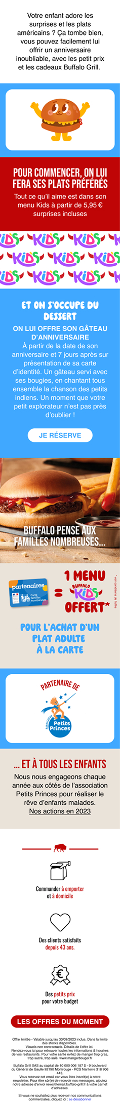 Version mobile de l'emailing "Kids" Buffalo Grill. Optimisation de la lisibilité et du parcours utilisateur sur smartphone pour les offres familles.