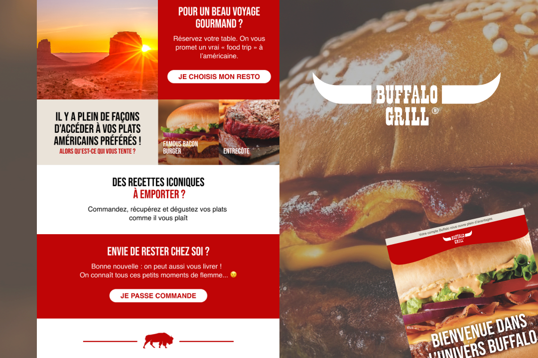 Miniature de projet pour Buffalo Grill, affichant des assets de campagne digitale, une newsletter et un visuel de burger au style bold et moderne. Design social media.