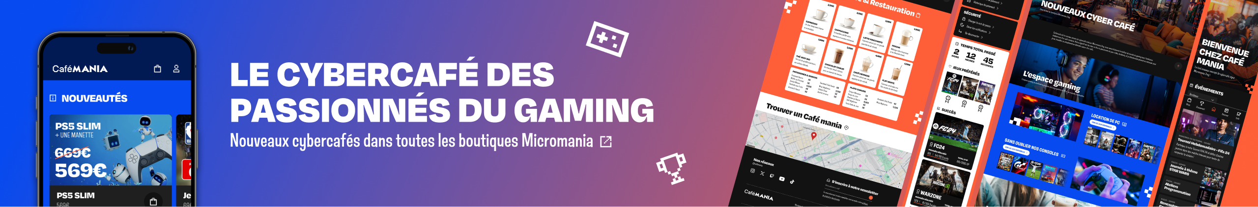 Plan d'identité visuelle (brandboard) pour le rebranding stratégique de Cafémania par Léo Simsolo. Présentation de la palette chromatique bleue, des typographies hybrides, du logotype 'Cybercafé Moderne' et des éléments graphiques flottants comme une tasse de café et une manette de jeu.