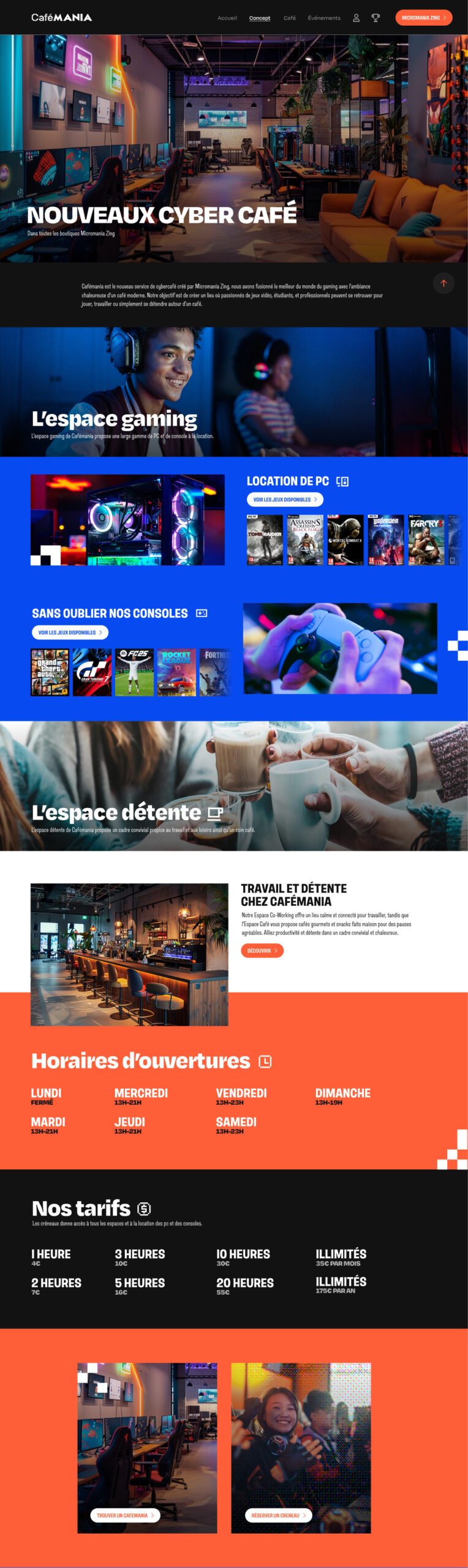 Design d'interface web CaféMANIA présentant les services : location de PC gaming, espaces détente coworking et grille tarifaire. Travail sur l'ergonomie et la hiérarchie visuelle pour la réservation en ligne.