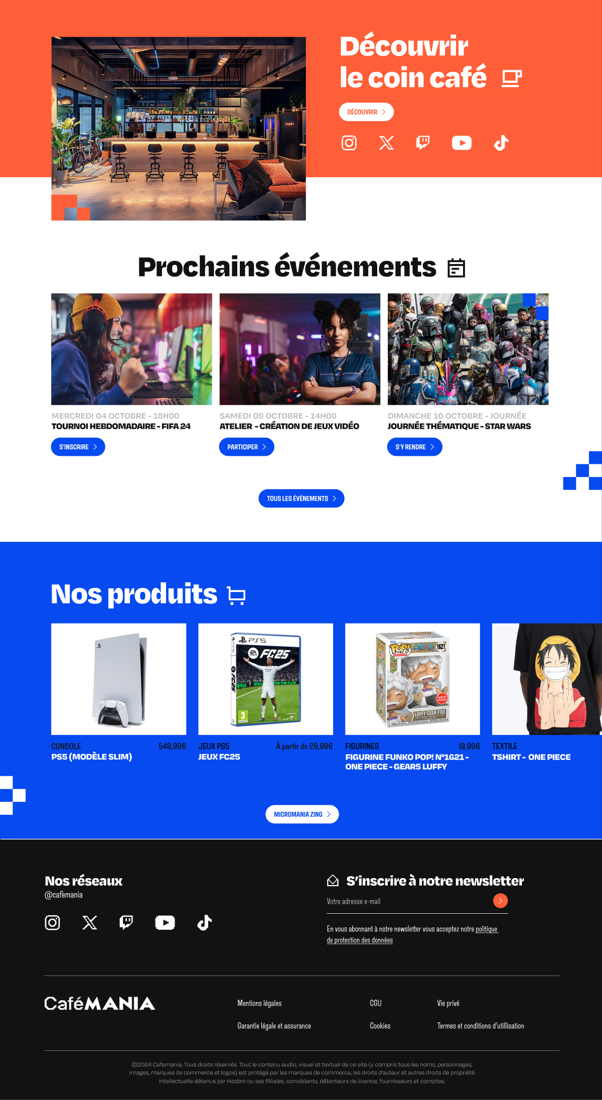Maquette web CaféMANIA affichant l'agenda des événements gaming (tournois, ateliers) et la section e-commerce avec produits dérivés (consoles, jeux, figurines).