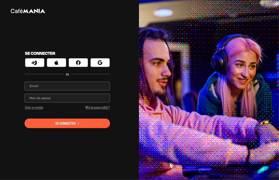 Page de connexion (Login) du site CaféMANIA sur desktop. Design épuré en mode sombre avec options de social login, superposé sur un visuel immersif de la communauté gaming.