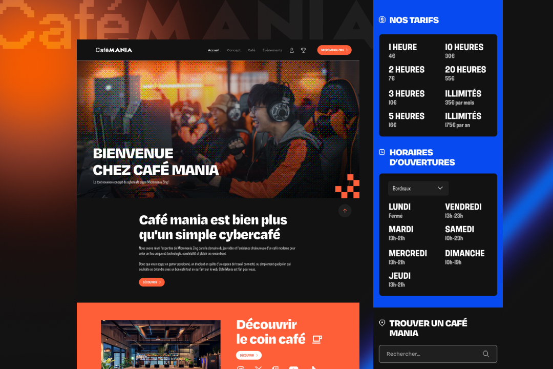 Design de la page d'accueil desktop du site web CaféMANIA, concept de cybercafé gaming. Interface sombre (Dark Mode) avec accents orange et bleu. Webdesign.