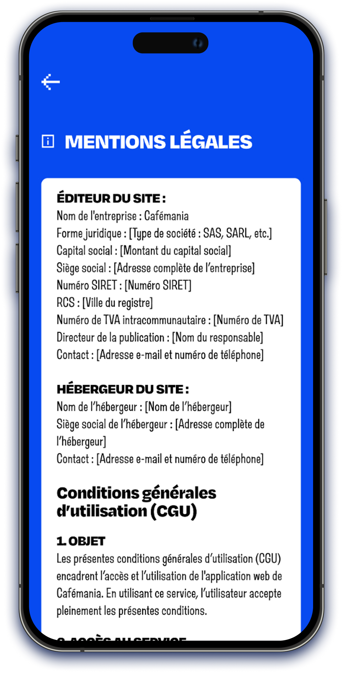 Interface utilisateur (UI) de la page mentions légales et CGU de l'application CaféMANIA, design minimaliste sur fond bleu électrique.