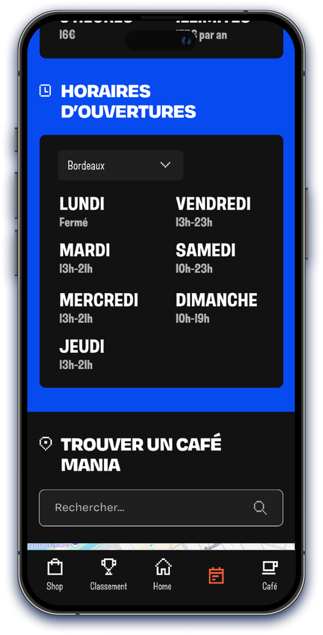 Maquette de l'écran horaires d'ouverture et recherche de points de vente (Store Locator) Bordeaux sur l'application mobile CaféMANIA.