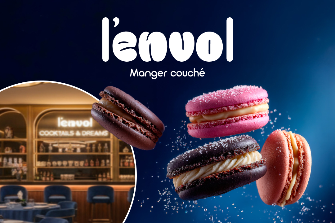 Visuel de marque pour L'Envol montrant des macarons flottants et un aperçu de l'intérieur feutré du restaurant avec son bar à cocktails.