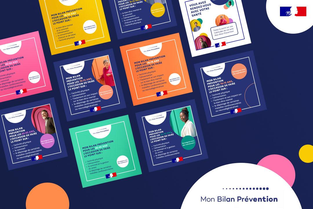 Miniature de projet pour 'Mon Bilan Prévention' du gouvernement français. Grille de publications sociales colorées et graphiques pour la campagne de santé publique. Design institutionnel.