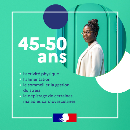Affiche digitale Mon Bilan Prévention pour les 40-45 ans sur fond vert. Thématiques : activité physique, alimentation, stress et dépistages cardiovasculaires. Portrait et identité graphique officielle.