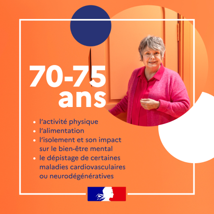 Post carré Mon Bilan Prévention pour les 70-75 ans sur fond orange. Met en avant l'activité physique, l'isolement et son impact sur le bien-être mental. Portrait et logos gouvernementaux.