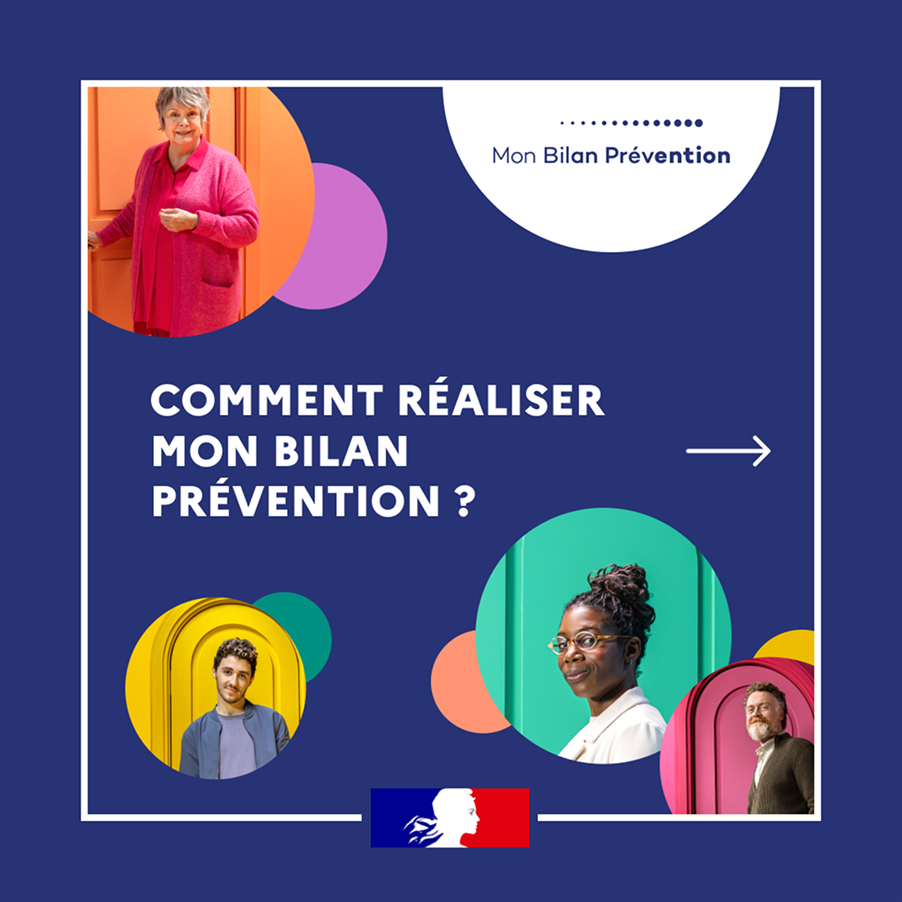 Post carré Mon Bilan Prévention sur fond bleu. Écriture blanche "comment réaliser mon bilan prévention".