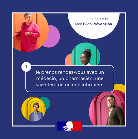 Post carré Mon Bilan Prévention sur fond bleu. Étape 1.