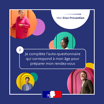 Post carré Mon Bilan Prévention sur fond bleu. Étape 2.