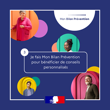 Post carré Mon Bilan Prévention sur fond bleu. Étape 3.