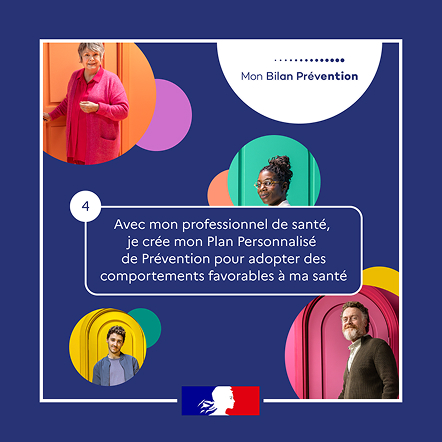 Post carré Mon Bilan Prévention sur fond bleu. Étape 4.