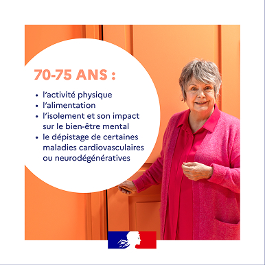 Post digital mon bilan prévention 70-75 ans avec le portrait un contour blanc et l'image d'un femme âgée en fond.