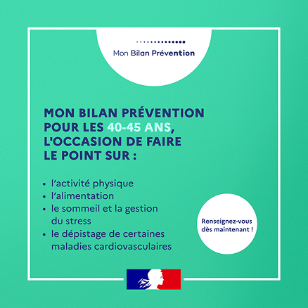 Post social media Mon Bilan Prévention (40-45 ans) sur fond vert émeraude. Portrait, détaillé sur l'alimentation, le sommeil, les dépistages, etc. Design institutionnel.