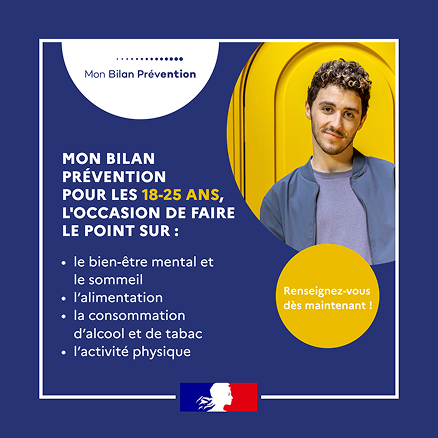 Post carré Mon Bilan Prévention pour les 18-25 ans sur fond bleu. Portrait et logos gouvernementaux.