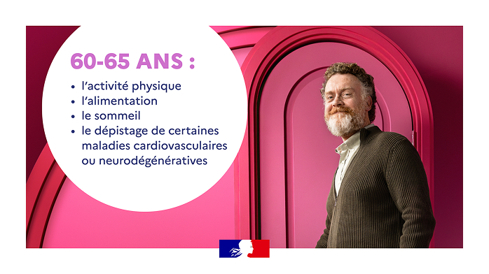 Post digital mon bilan prévention 60-65 ans avec le portrait un contour blanc et l'image d'un homme âgée en fond.
