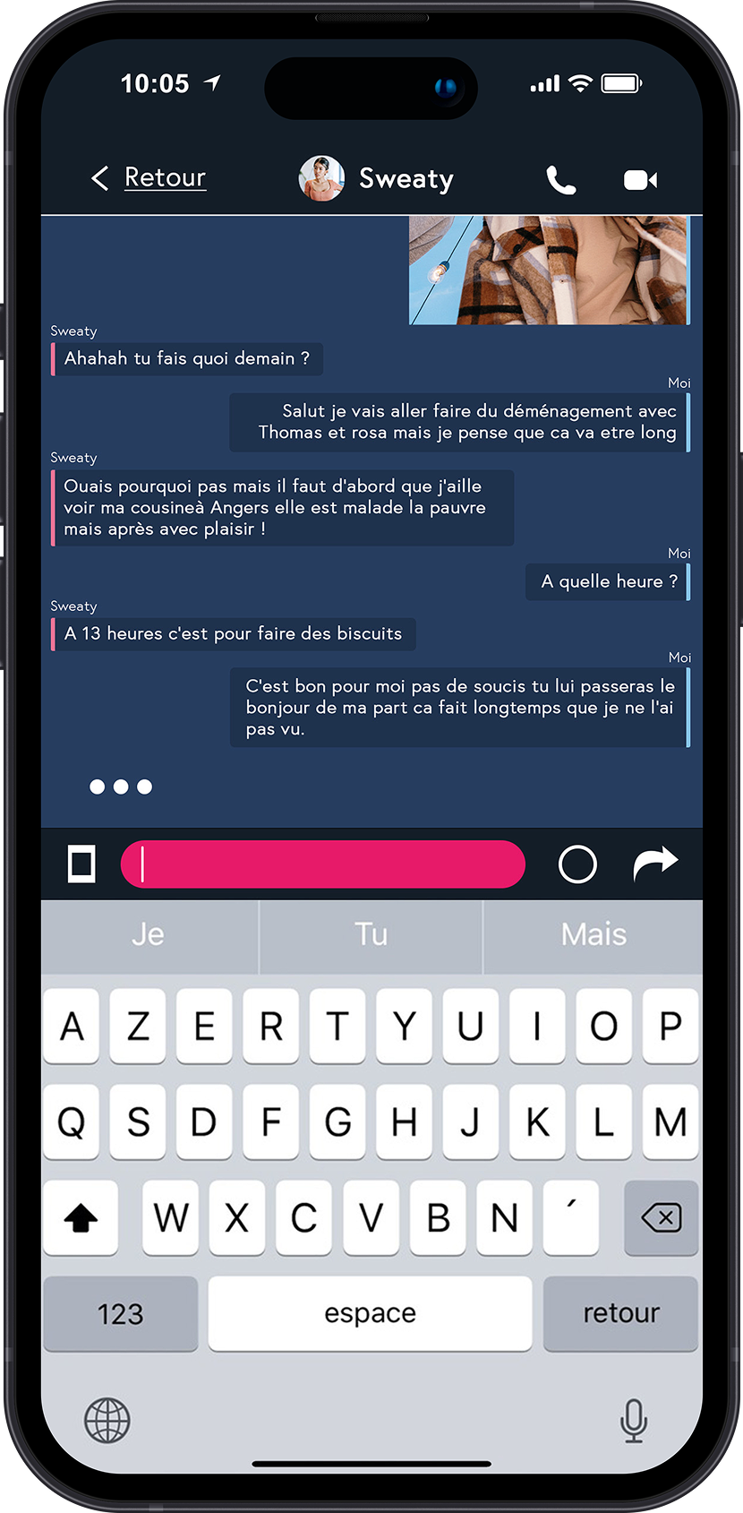 Maquette de l'interface de création de message instantané avec ses amis de l'application Memoria