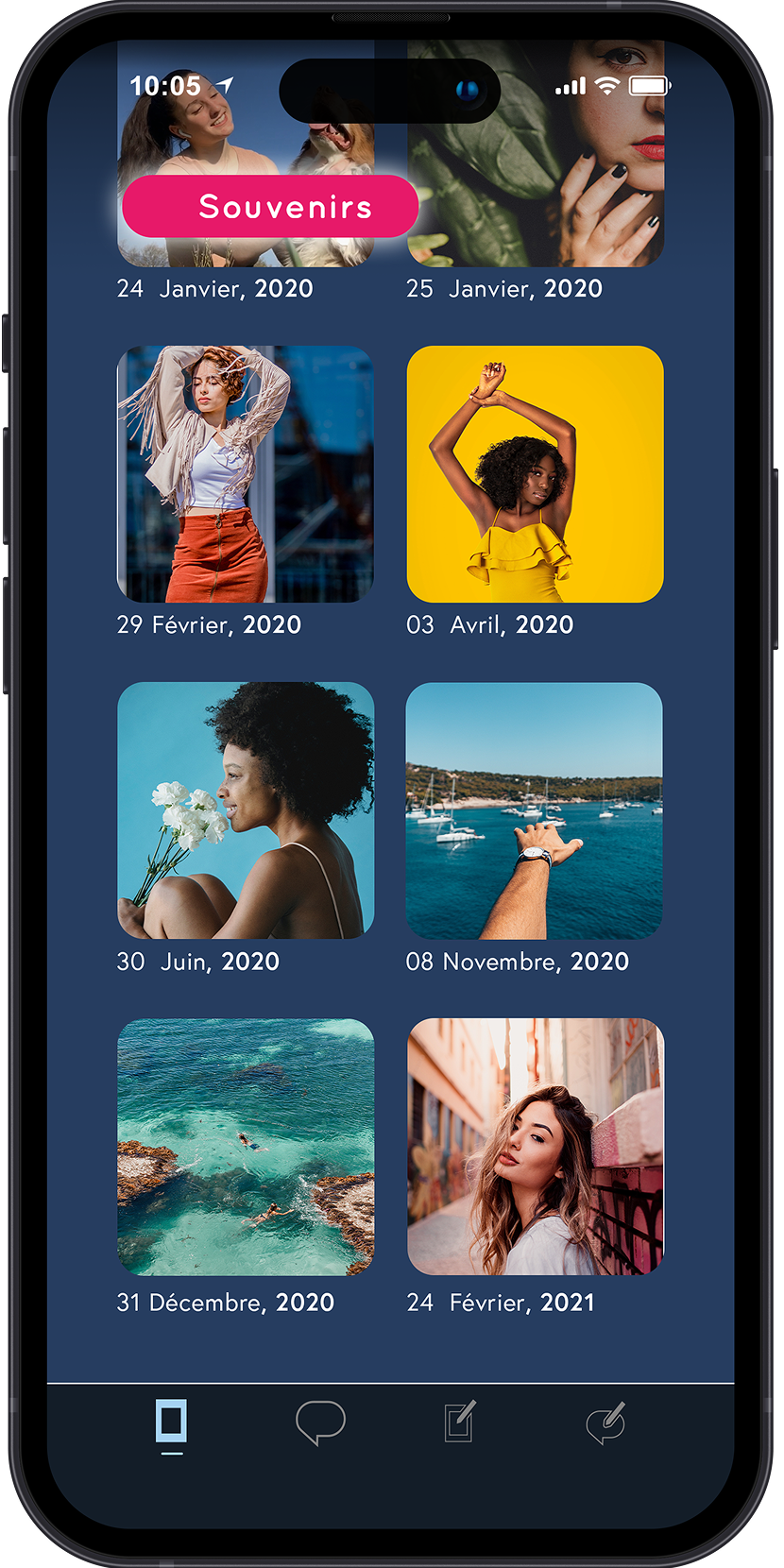 Interface d'organisation des souvenirs par catégories dans l'application Memoria. Grille d'albums thématiques : Famille, Voyages, Amis et Soirées avec un code couleur doux.