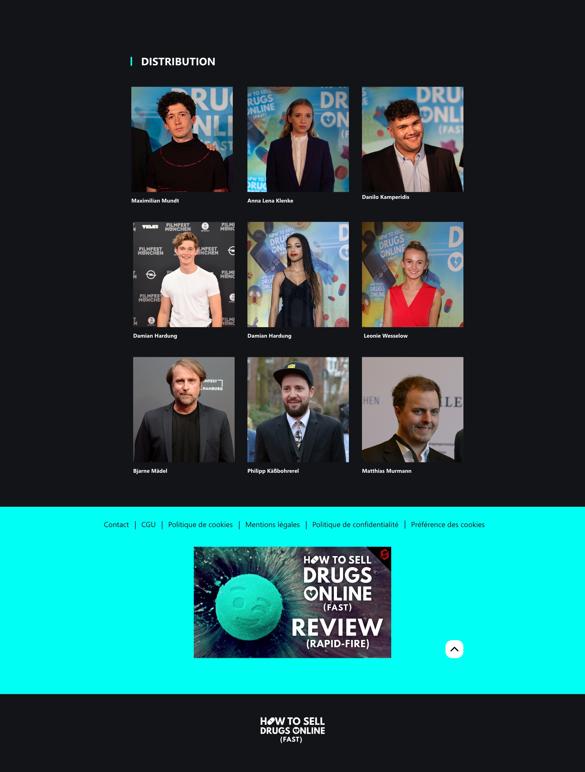 Présentation des acteurs et footer design de la maquette d'une landing page sur le thème d'une série netflix.