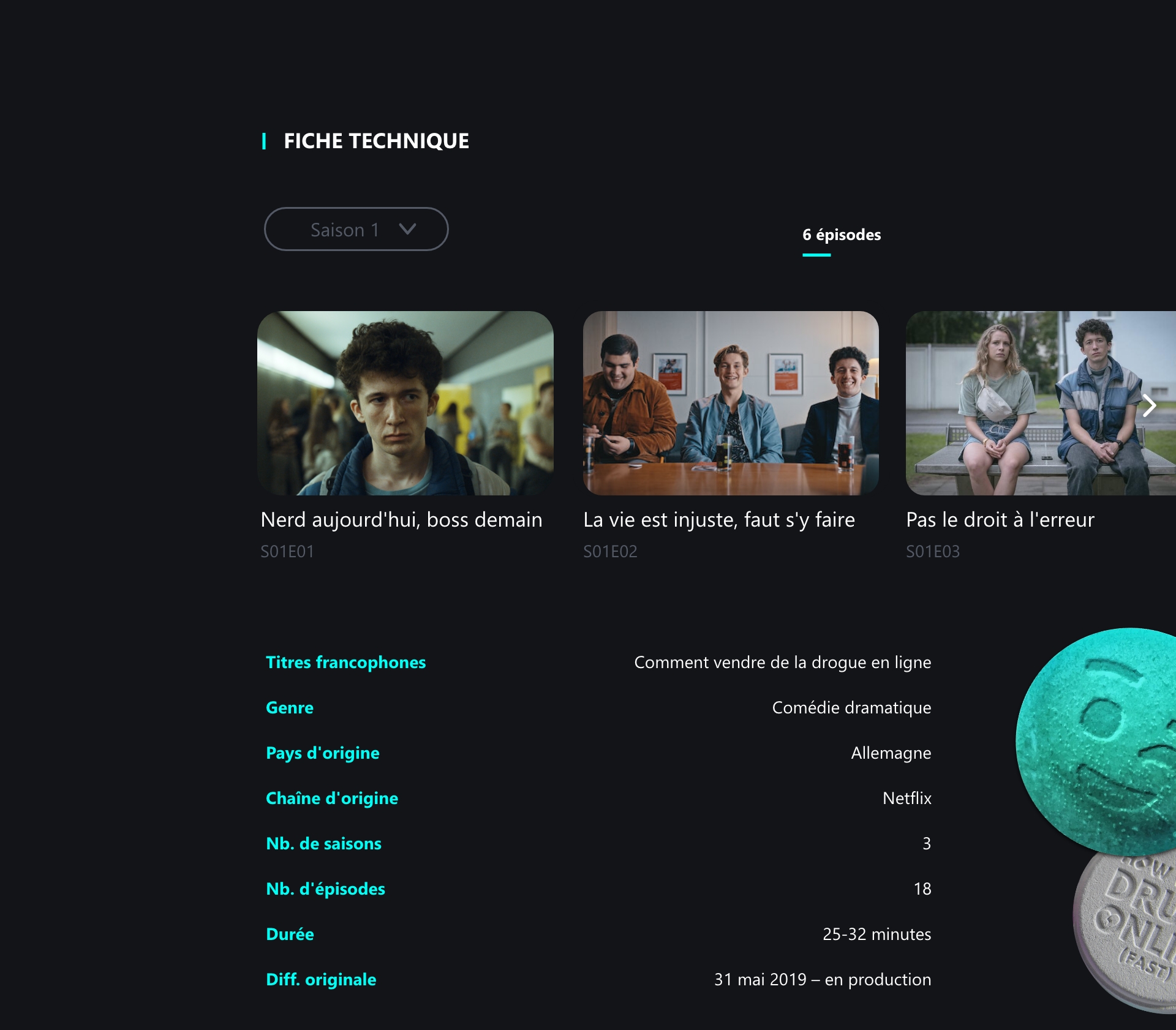 présentation de la série dans un maquette d'une landing page sur le thème d'une série netflix.
