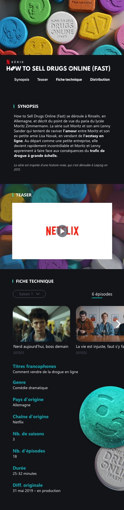 Hero section de la maquette d'une landing page sur le thème d'une série netflix en version mobile déclinée.