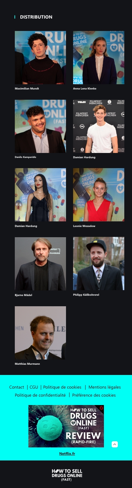 Déclinaison mobile du footer d'une landing page sur une série netflix avec la présentation des acteurs.