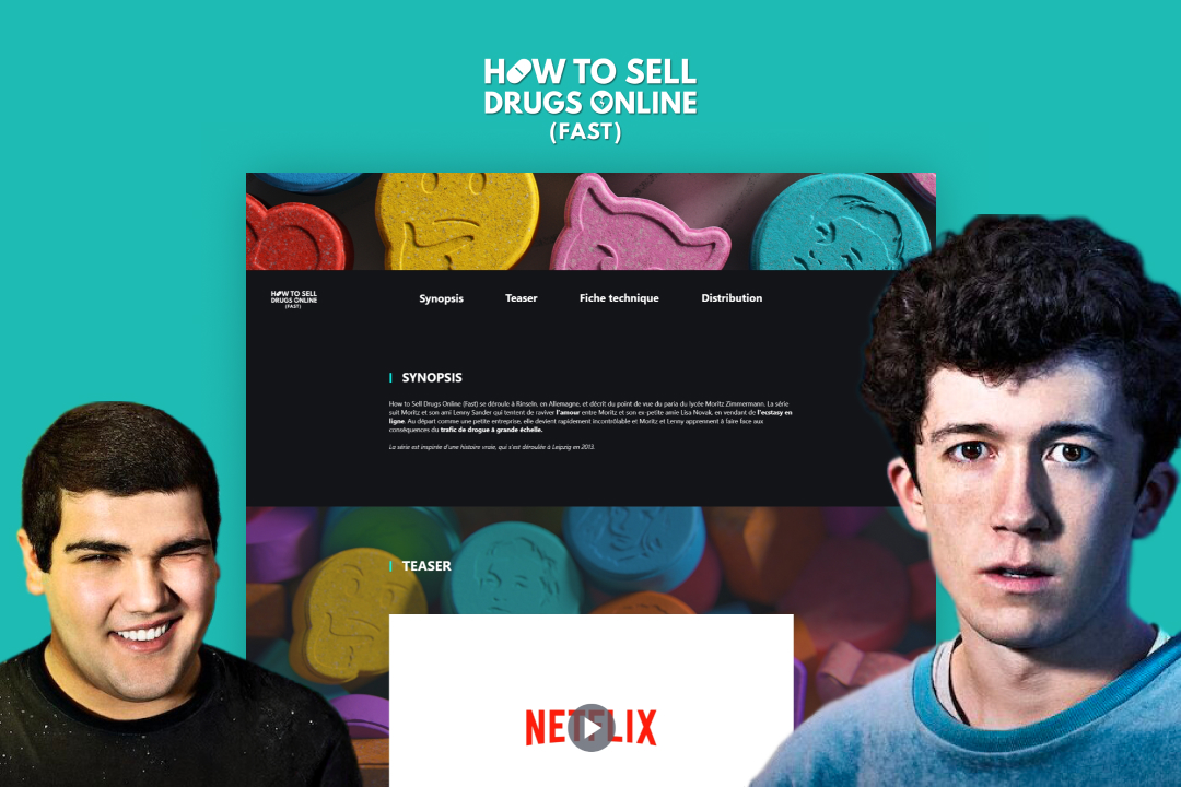 Landing page interactive pour la série Netflix, avec un arrière-plan de pilules colorées et les portraits des personnages principaux. Webdesign immersif.