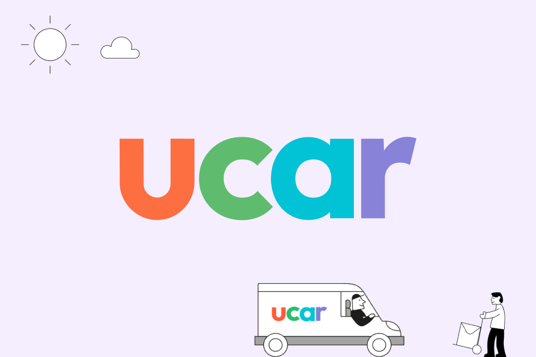 Illustration de branding pour Ucar incluant le logo multicolore, un véhicule de livraison et des personnages en ligne claire (flat design). Identité visuelle.