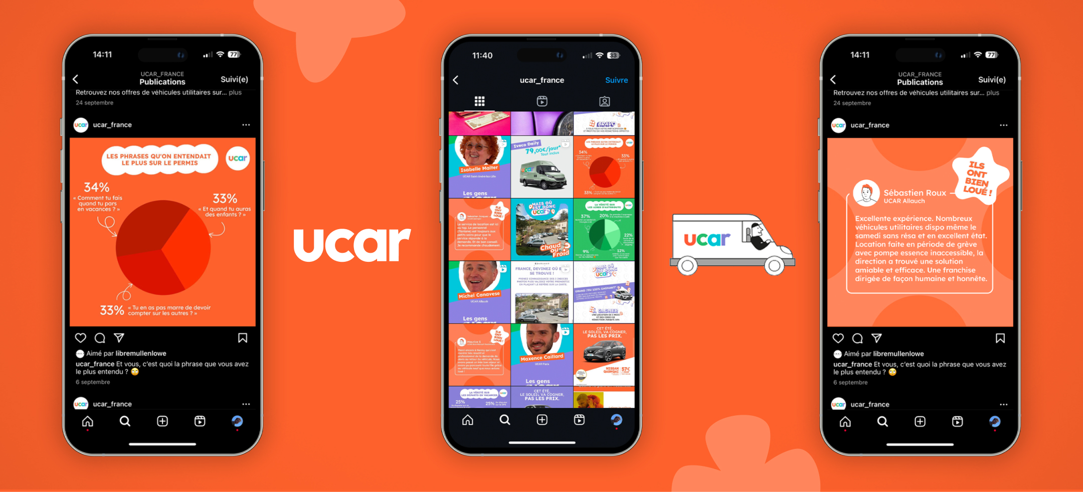 Mockup smartphone d'une story Instagram pour Ucar, expert en location de voiture et utilitaire. Design publicitaire vertical et interface mobile moderne.