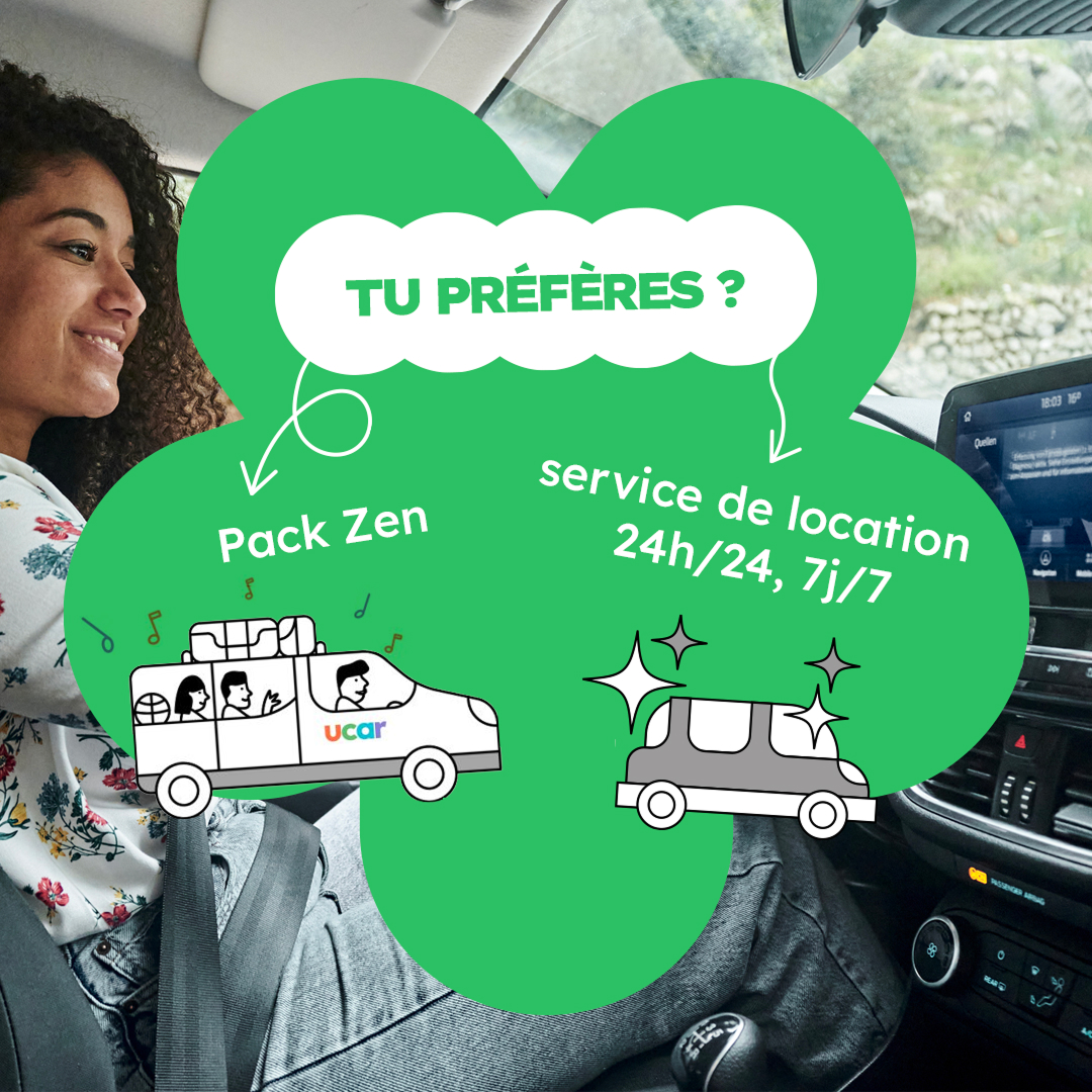 Visuel interactif "Tu préfères" pour Ucar, comparant une voiture citadine et un utilitaire. Design d'engagement social media pour une agence de location.